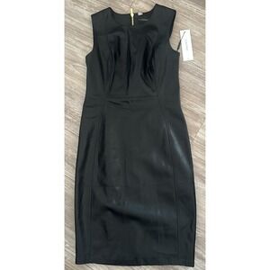 Calvin Klein Faux Leather Dress Womens 2 NWT Black Solid Sheath Back Zip City